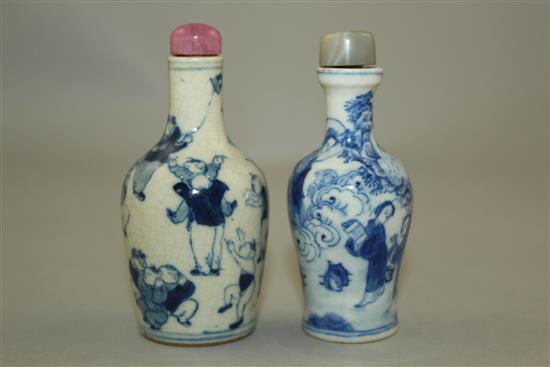 Two Chinese blue and white soft paste porcelain snuff bottles, 1820-1900, 7.5cm